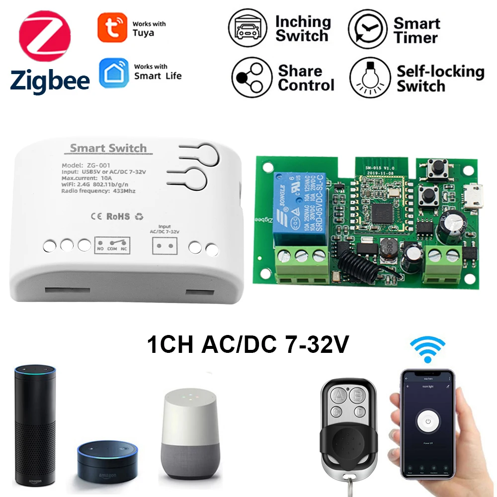 

1-канальный Zigbee Tuya Smart WIFI релейный модуль переключателя DC5V 7-32V AC85-250V 220V RF433Mhz пульт дистанционного управления голосовой Alexa Google Home