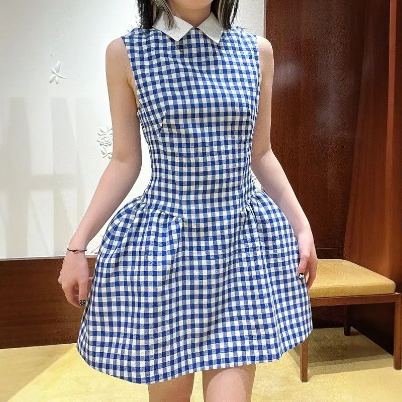 Korean Style Blue White Checkered Sundress Casual Smocked Waist Flowy Bubble Hem Dress Women's Beach Vacation A-Line Mini Dress