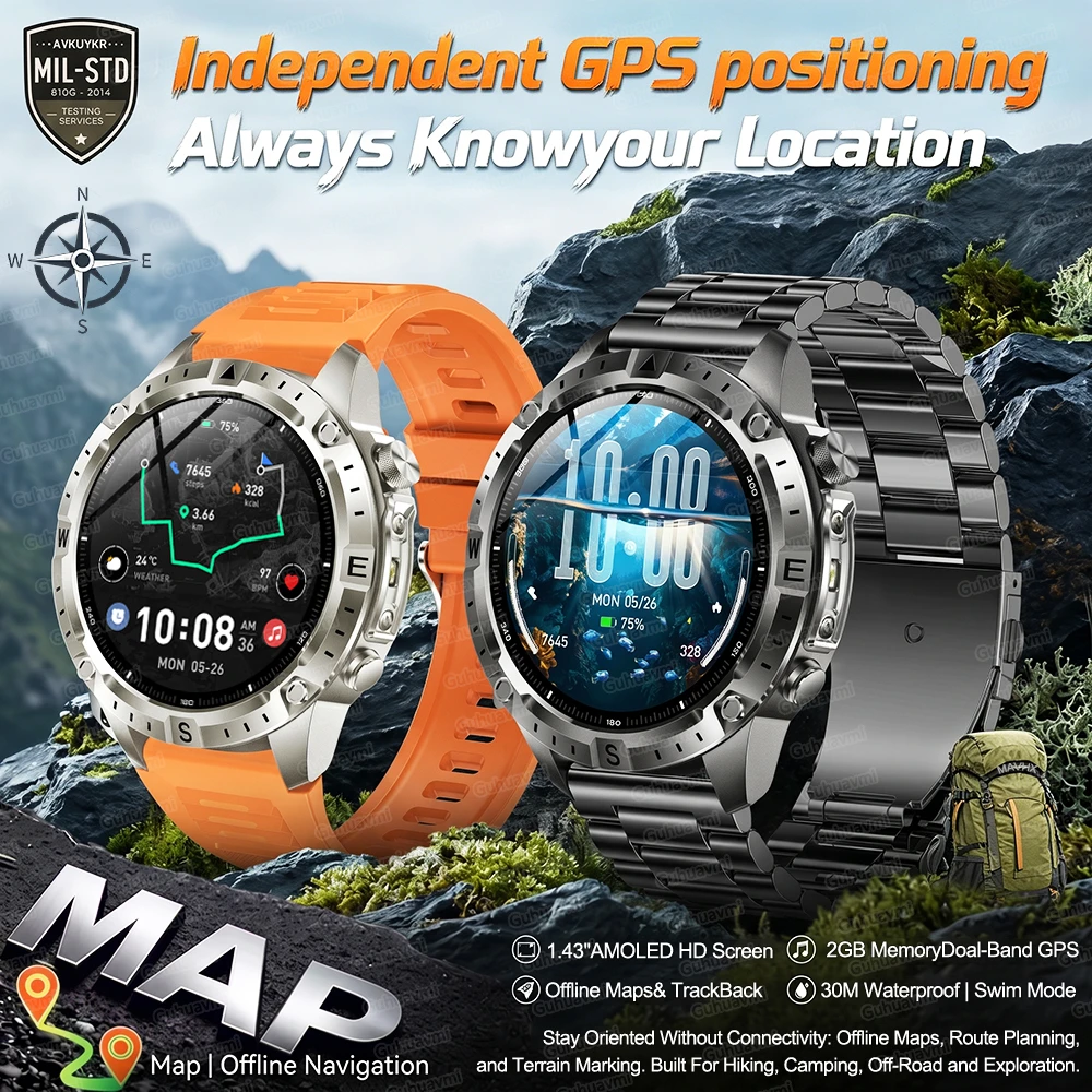 

Новые спортивные смарт-часы для бездорожья со встроенными GPS-картами, барометром, компасом, водонепроницаемостью 3ATM, для мужчин, с аккумулятором 730 мАч