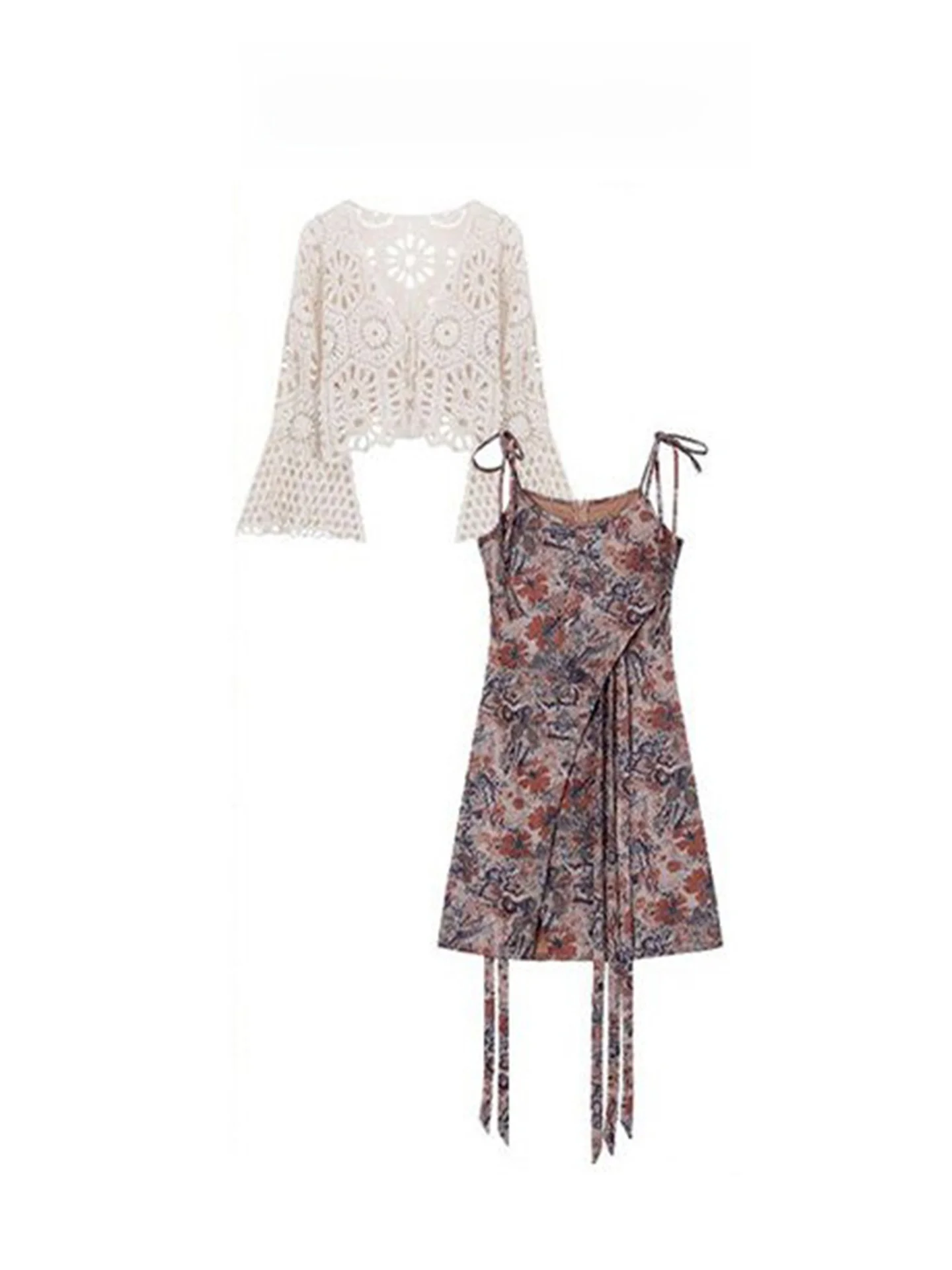

Spicy Girl Irregular Halter Dress Women's Spring Summer Desert Style Hollow out Hook Flower Cardigan Short Skirt Two Piece Set