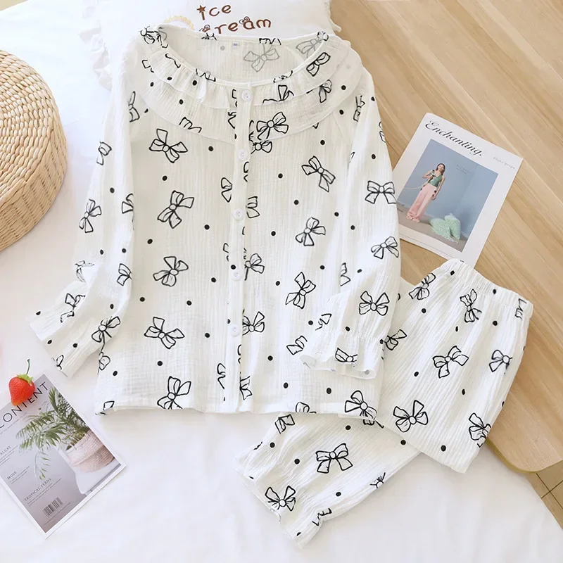 

Spring and autumn new women's pajamas two-piece set long-sleeved trousers cotton crepe large size cute bow homewear suit girls