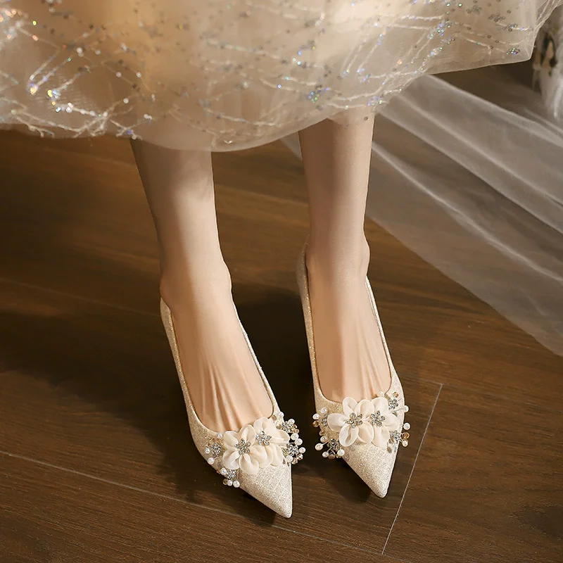 Pure Elegance Glitter Rhinestone High Heels for Women, Thick-Soled, Comfortable Wedding and Daily Shoes