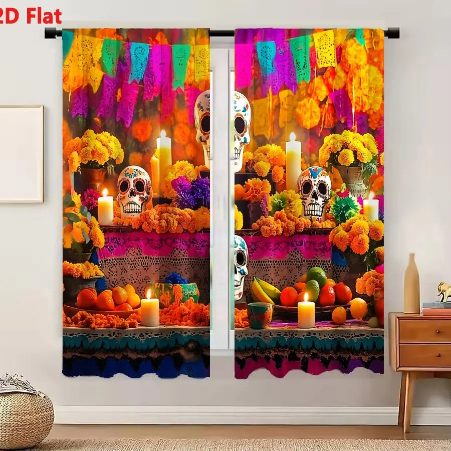 2Pcs Curtains 2D Flat Vibrant Mexican Day Of The Dead Ofrenda With Sugar Skulls Marigolds And Papel Picado Window Drapes for Bed