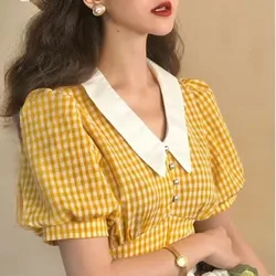 Cottagecore Crop Top Yellow Blouses Summer Kawaii Puff Sleeve Plaid Shirt Women Checkered French Retro Style 2023 Vintage