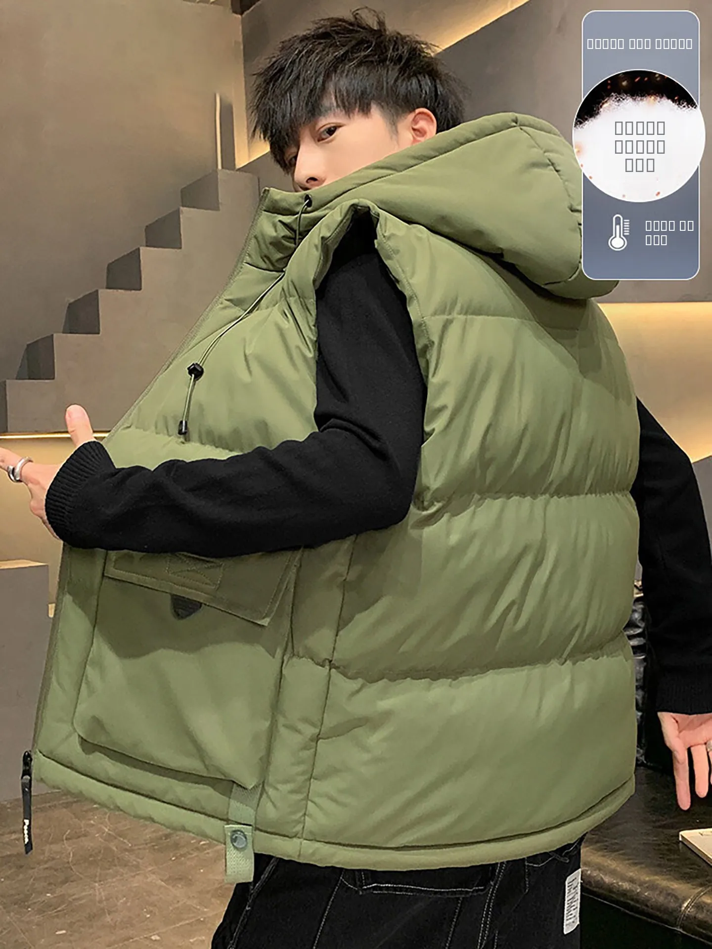 الرجال Thiened مقنعين القطن سترة ملابس خارجية دافئة Faion الحضرية Sle طويلة Sve سستة الديكور مستقيم هيم لباس غير رسمي #1