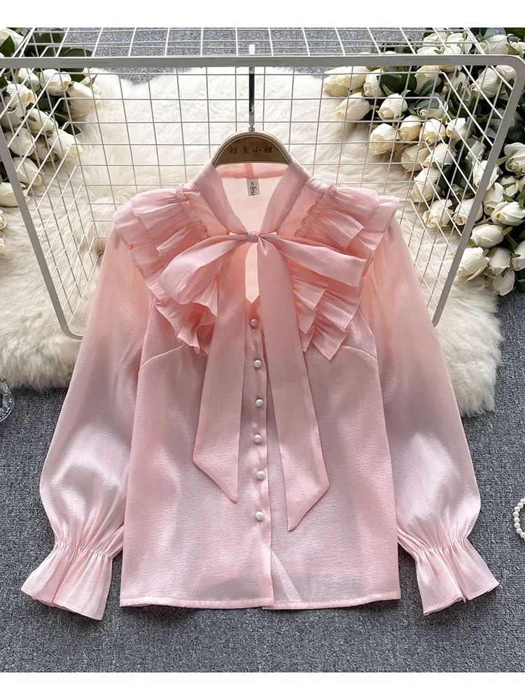 Women Spring Autumn Shirt Design Feel Pleated Ruffle Lace Up Bow Neck for Age Reducing Versatile Long Sleeved Top Shirt D5351