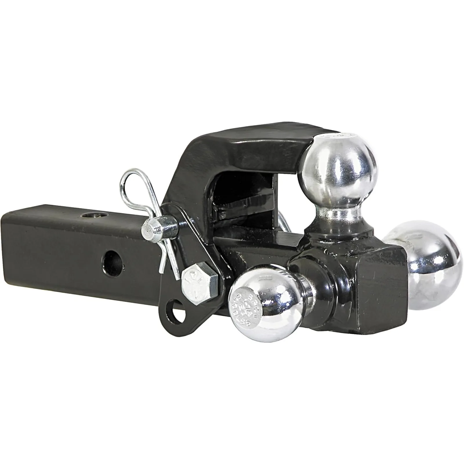 US  Products 1802279 Tri-Ball Truck Hitch With Hook, Solid Shank for 2 Inch Receiver Tubes, Chrome Welded Steel Towing Balls