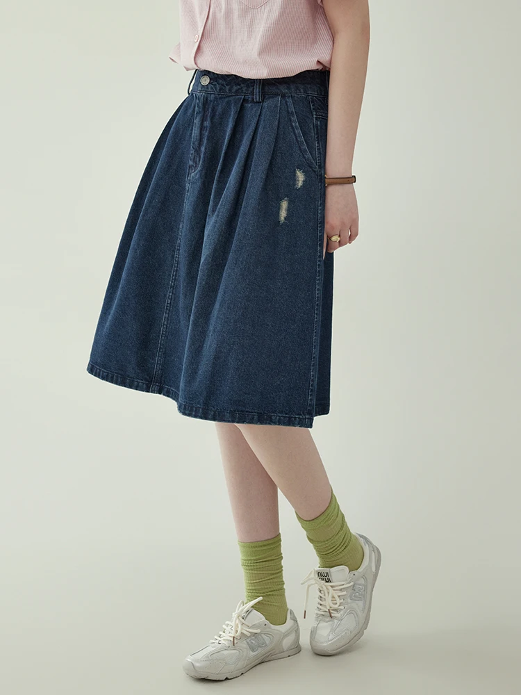 AMUU North Island Retro Blue High Waist Loose Denim Skirt Women's Summer New Slimming  Skirt Cotton Polyester Blend