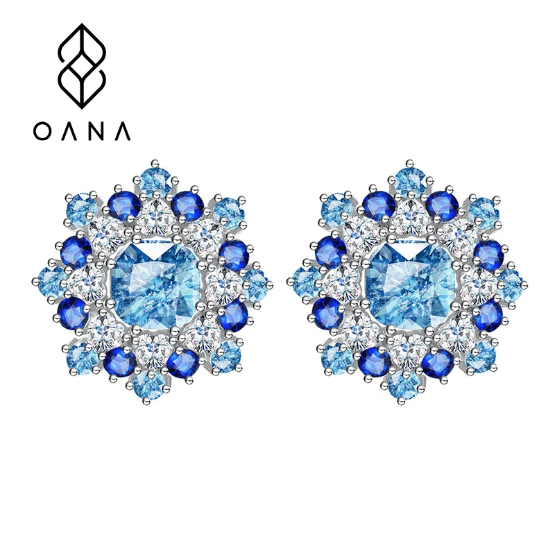 

S925 Sterling Silver High Carbon Diamond Snowflake Shape Women'S Earrings Sea Blue Gem Temperament Light Luxury Niche Jewelry