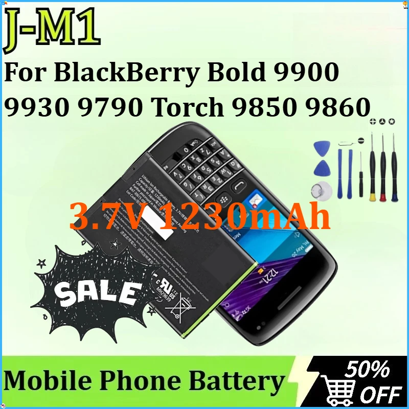 

New J-M1 Replacement Li-ion Battery for BlackBerry Bold 9900 9930 9790 Torch 9850 9860 Mobile Phone Battery 3.7V 1230mAh + Tools