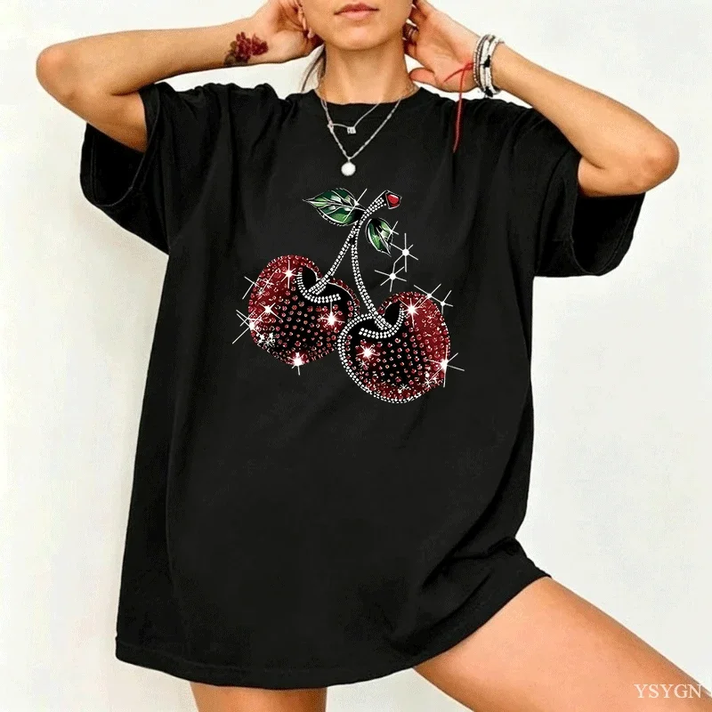 Women's Golden Cherry Print Short Sleeve Stylish Round Neck Perfect for Spring Outfits Cherry Themed Items Aesthetic Clothes Top