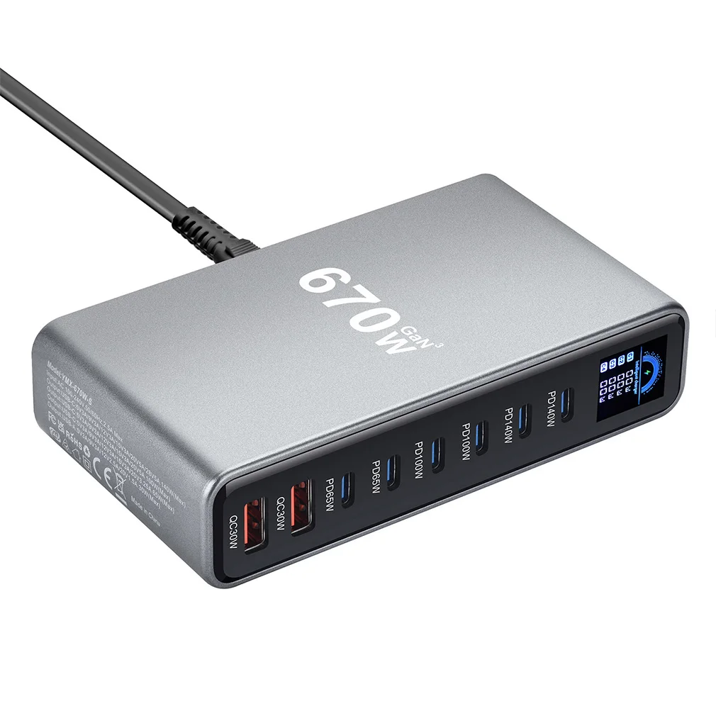 

8-Port 540W/670W Desktop GaN Fast Charger With TFT Digital Display Type C Charging Station Hub for Phones & Tablet Dropshipping
