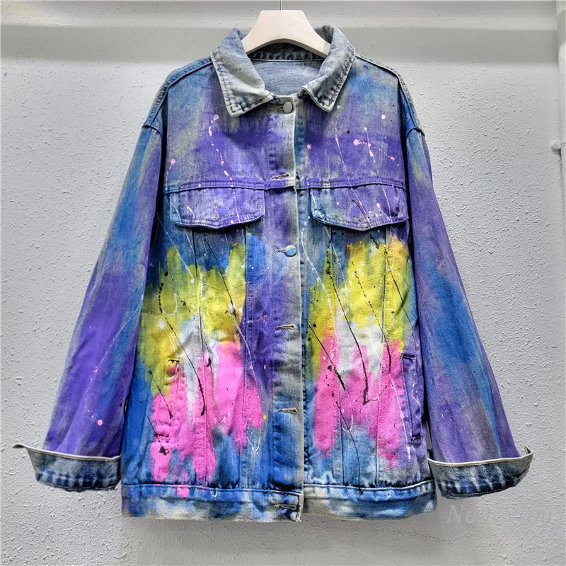 European Fashion  Heavy Industry Personalized Hand-Painted Graffiti Denim Coat Women's Loose Colorful Crystals Beaded Jacket Top