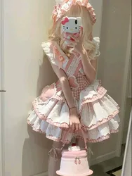 MAGOGO Sweet Pink Plaid Lolita Sleeveless Dress Women Kawaiii Bow Ruffles Party Dresses Harajuku Cute Princess Mini Cake Dress