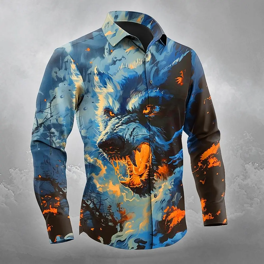 

2025 Halloween Theme Men's Wolf Halloween Costumes Shirt Button Up Shirt Long Sleeve Shirt Dark Gothic Style Tops