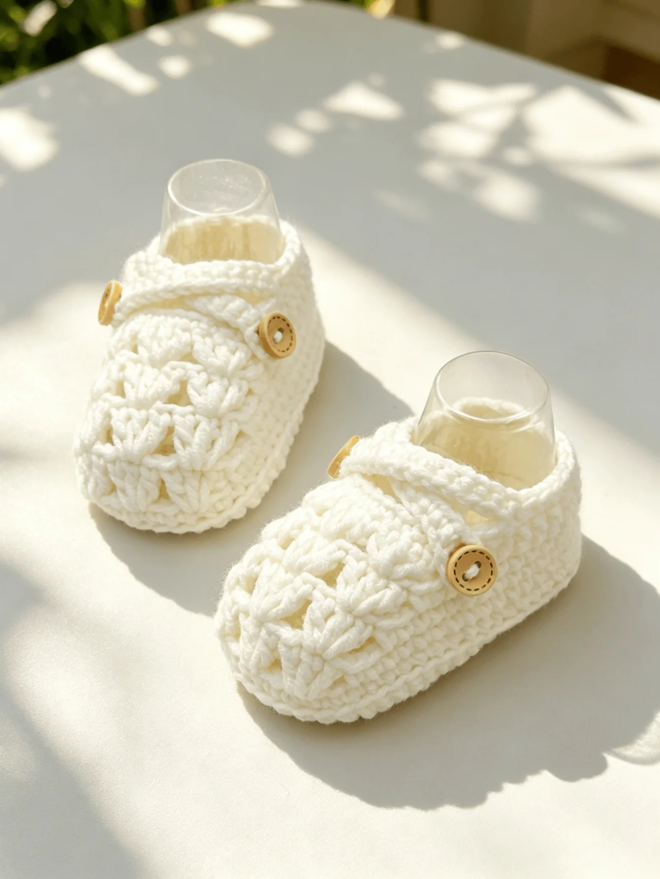 1 Pair Handmade Crochet Baby Booties with Button Strap, White, Knit Mary Jane Style, Newborn Infant Shoes