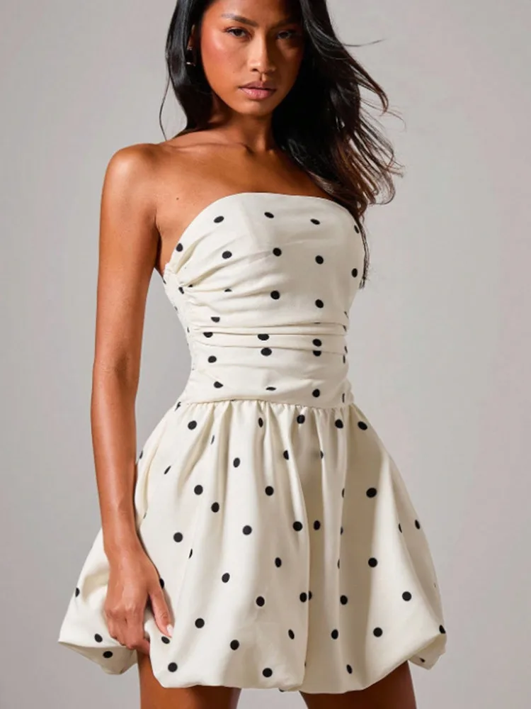 

SKMY Ladies' Polka Dot Printed Strapless Dress 2026 Spring Women Clothing Off The Shoulder Sleevless Puffy Dress Party Clubwear