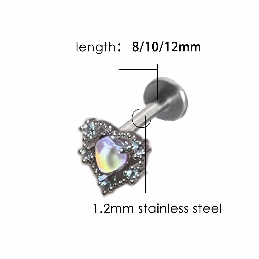 1pc Labret Piercing Moonlight Heart Lip Stud Cool Sweet Stainless Steel Cartilage Ins Fashion Spicy Girl Ear Bone Accessories