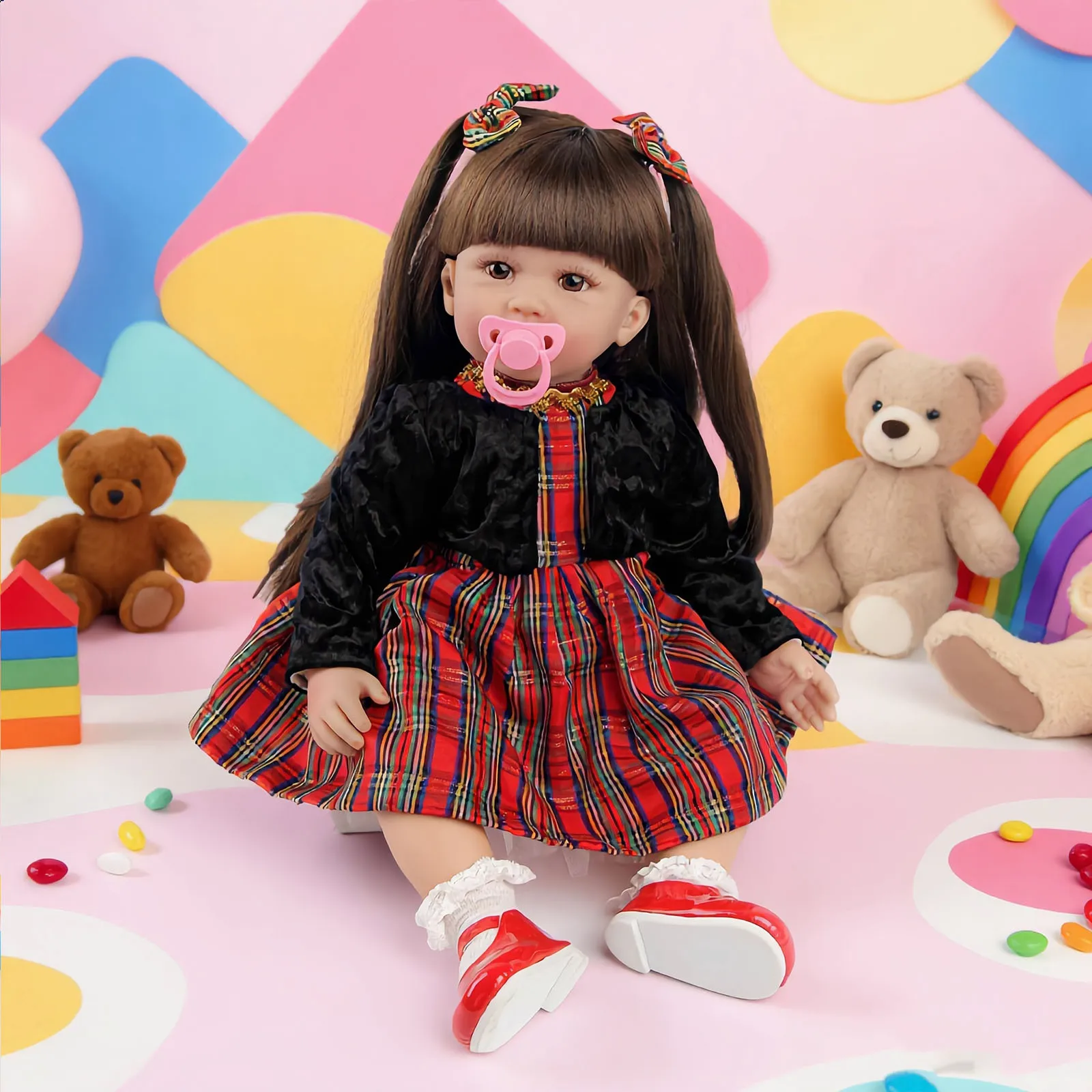 

Reborn Baby Dolls 22 Inch Girl, Realistic Newborn Baby Doll with Plaid Dress, Black Velvet Coat & Pink Pacifier, Lifelike Soft Body Reborn Toddler Doll, Perfect Gift for Kids, Collection & Role Play