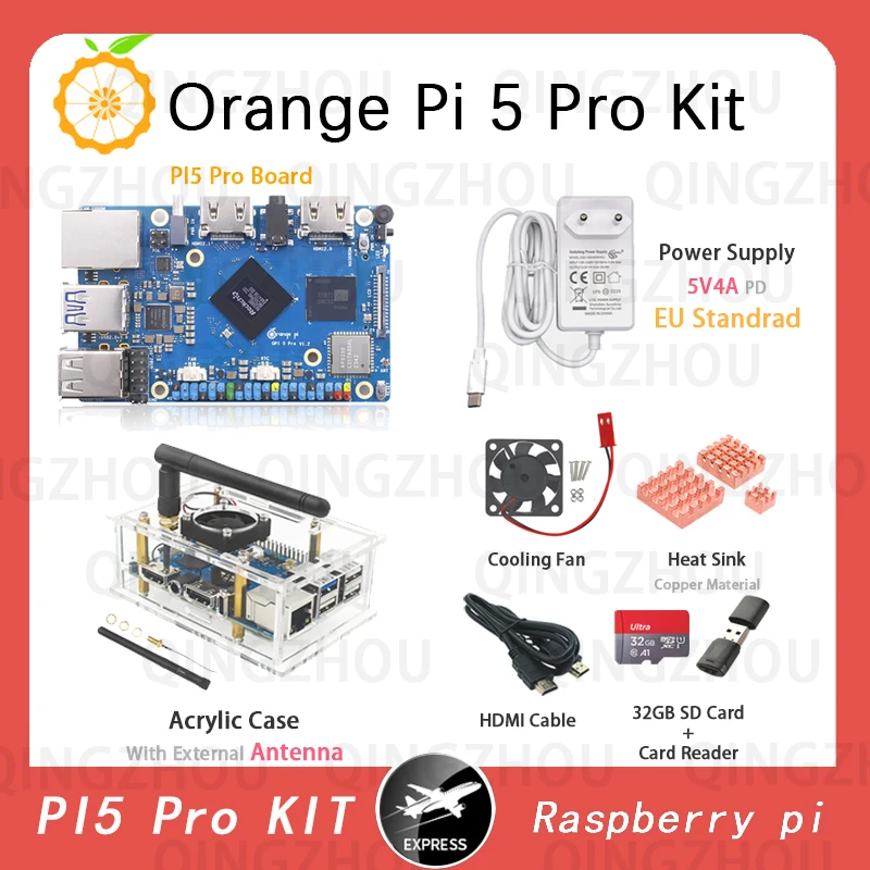 NEW Orange Pi 5 PRO KIT Development KIT RAM 4/8/16GB(Orange PI5 PRO+Case+Power Supply+Cooling Fan+Heat Sink+HDMI+32GB SD Card）