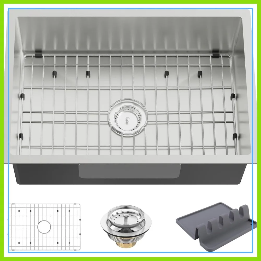

Stainless Steel Drop In Kitchen Sink - 27x18 Inch Modern Undermount Single Bowl with Grid, Spoon Rest & Drain Strainer