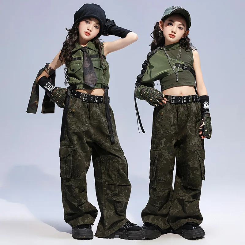Kid Hip Hop Clothing Army Green Sleeveless Crop Jacket Tank Top Camo Casual Wide Cargo Pants for Girl Jazz Dance Costume Clothes view 2
