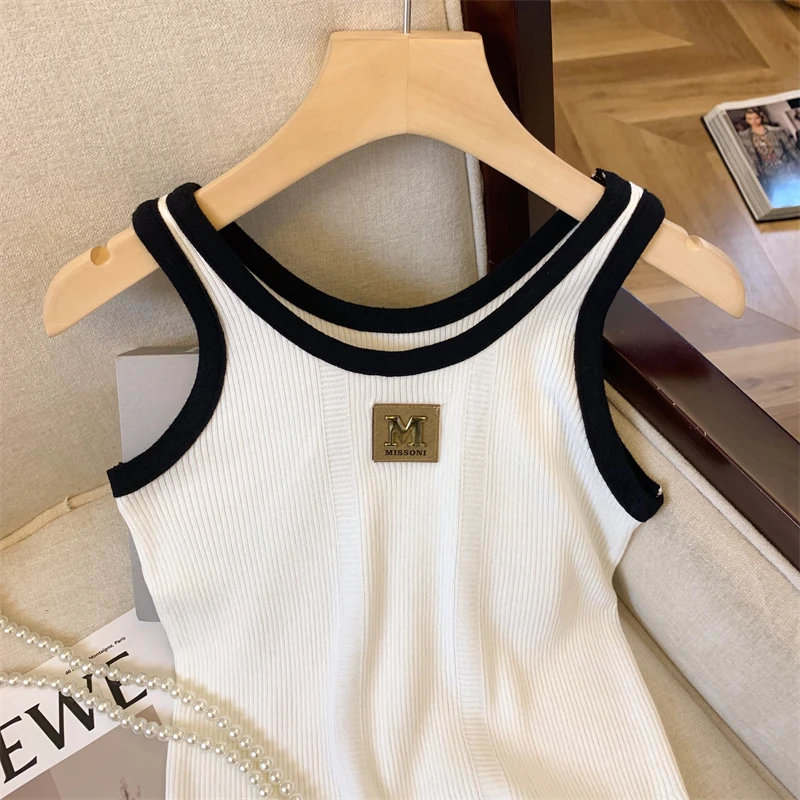 Sexy Slim Knit Sweater Vests For Women Summer Color Blocking Sleeveless O-neck Crop Tops Stylish Chic Sport Vest Knitwear Jumper