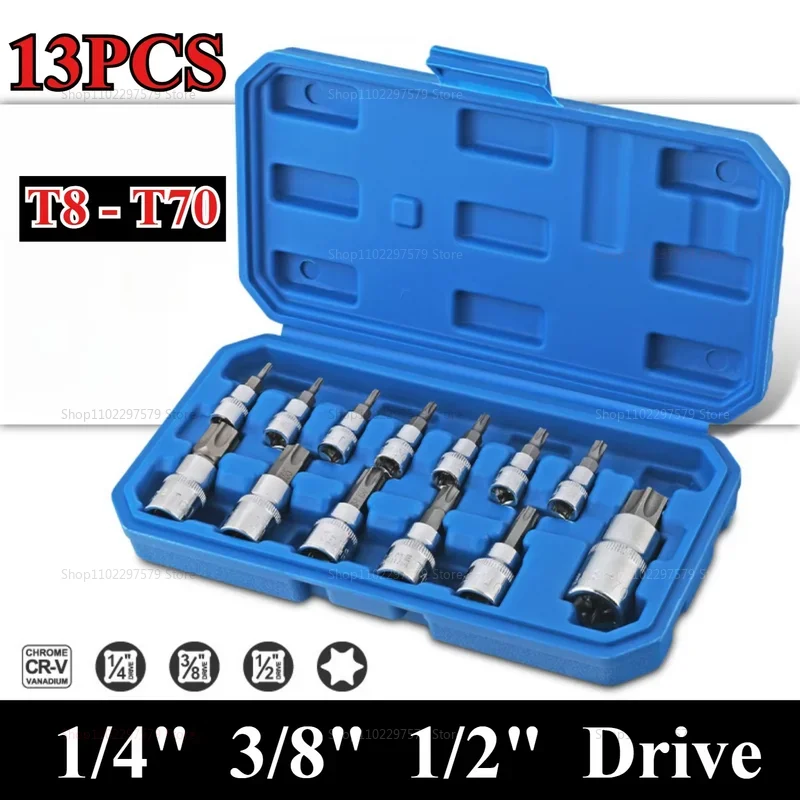 13pcs Torx Bit Socket Set CRV S2 Steel Drives T8-T30 3/8 T40-T60 1/2 T70 with Case for Automotive Mechanical Repair