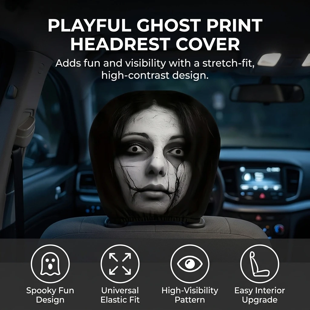 1Pc Elastic Car Headrest Cover Ghost Pattern Spooky Design Universal Auto Interior Accessories for Halloween Party Decoration