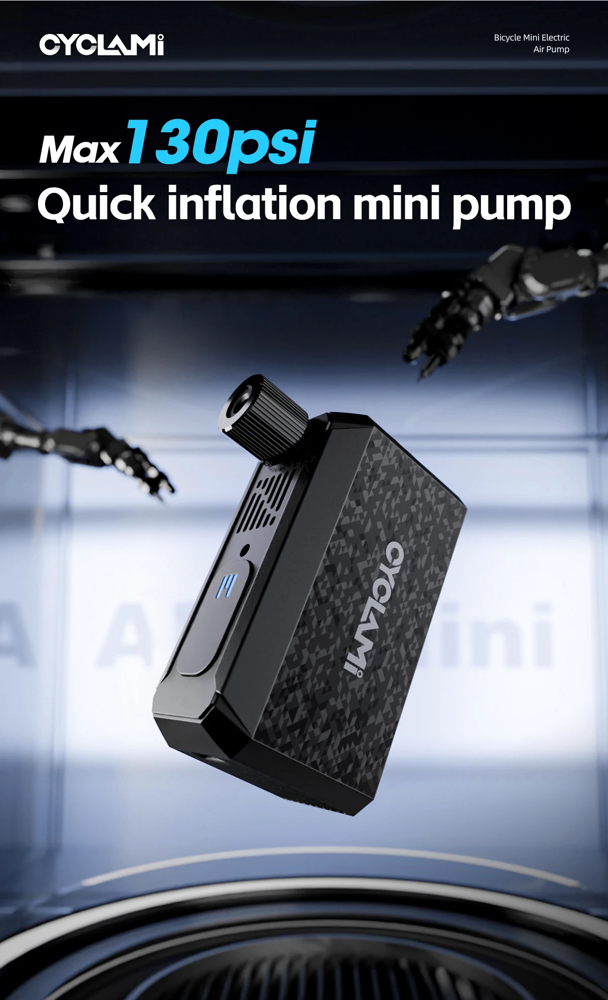CYCLAMI AM6 Mini-Fahrradluftpumpe 130PSI Tragbarer Elektrischer Schnellfüller mit Typ-C-Ladefunktion für MTB- und Rennradreifen FV AV – Detail 1