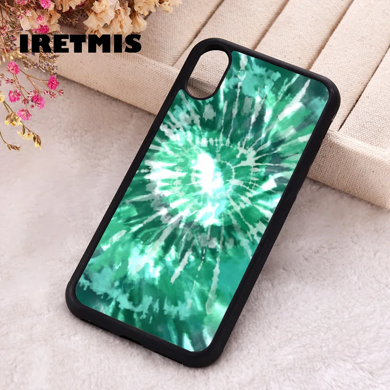 Iretmis Phone Cover Case For iPhone X XS Max XR 11 12 13 PRO MINI 14 15 16 Plus Rubber Silicone Beautiful tie dye design green