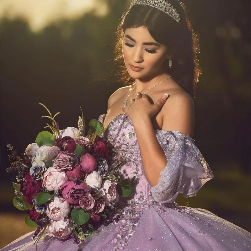 Crystal Ball Gown com lantejoulas e espartilho, Lilás Vestidos Quinceanera, manga destacável, Glitter Beading