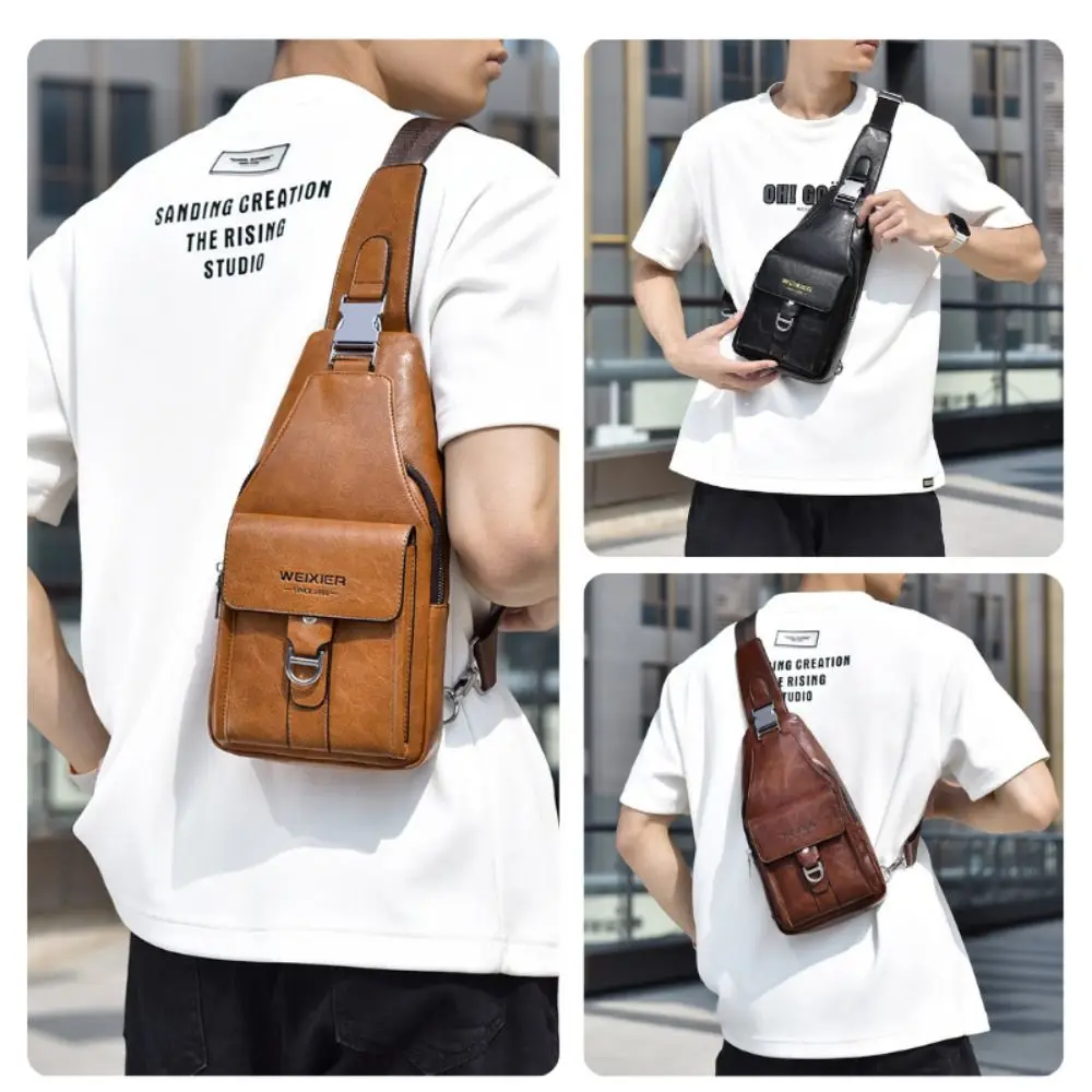 

Multi-functional PU Leather Men Waist Bag Waterproof Large-capacity Chest Bag Anti-theft Multi-layer Run Bag for Outdoor