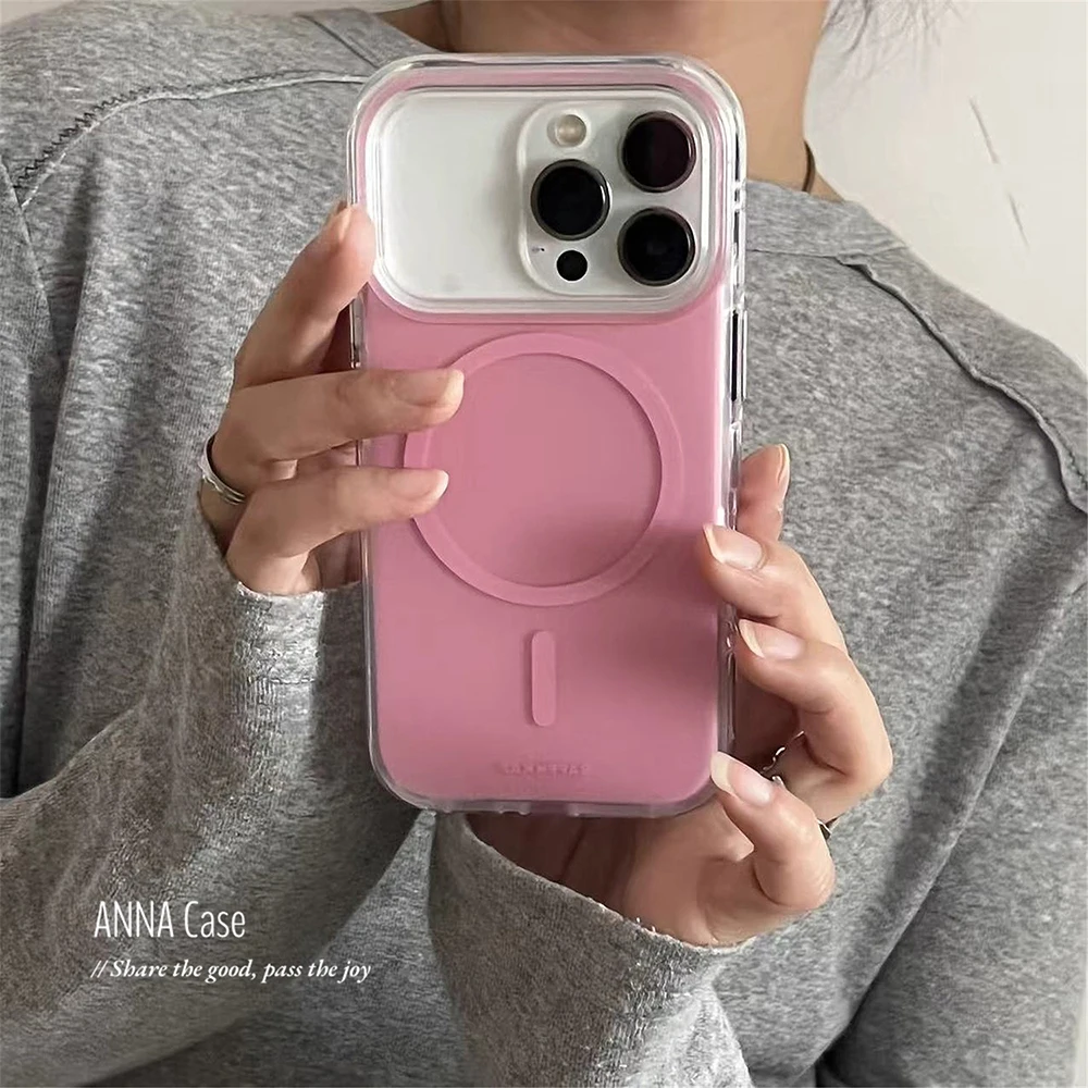 

Lovely Pink Solid Color Magnetic Phone Case for iPhone 13 14 15 16 17 Pro Max For MagSafe Wireless Charge Protective Girls Cover