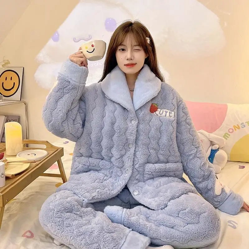 Sanrio Flannel Flip Collar Thickening Three Layer Cotton Pajama Set Kawaii Cinnamoroll Comic Winter Keep Warm Home Clothes New