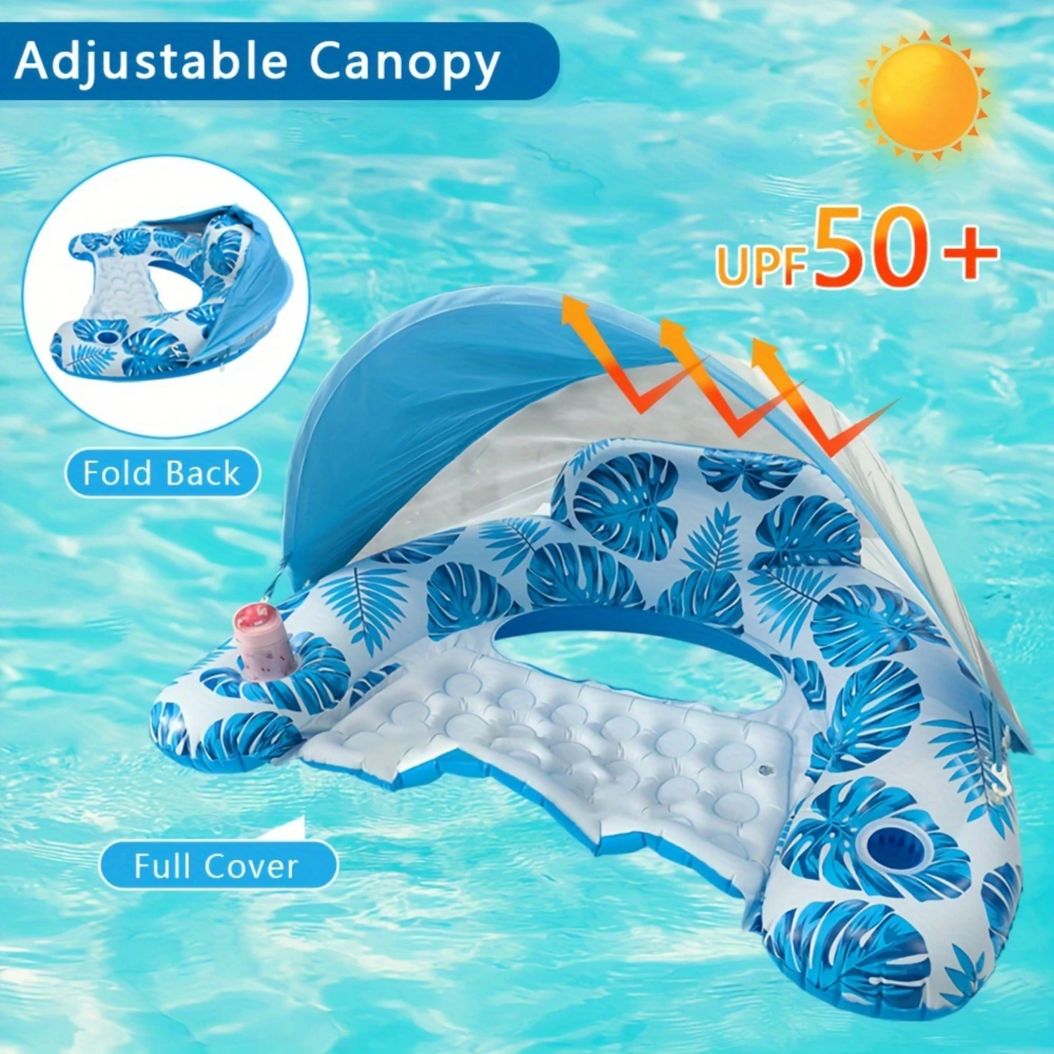 1pc Leaf-Print Paradise Floating Pool Bed - UV-Resistant Sunshade, Foldable Design, Built-in Cup Holder for Ultimate Relaxation