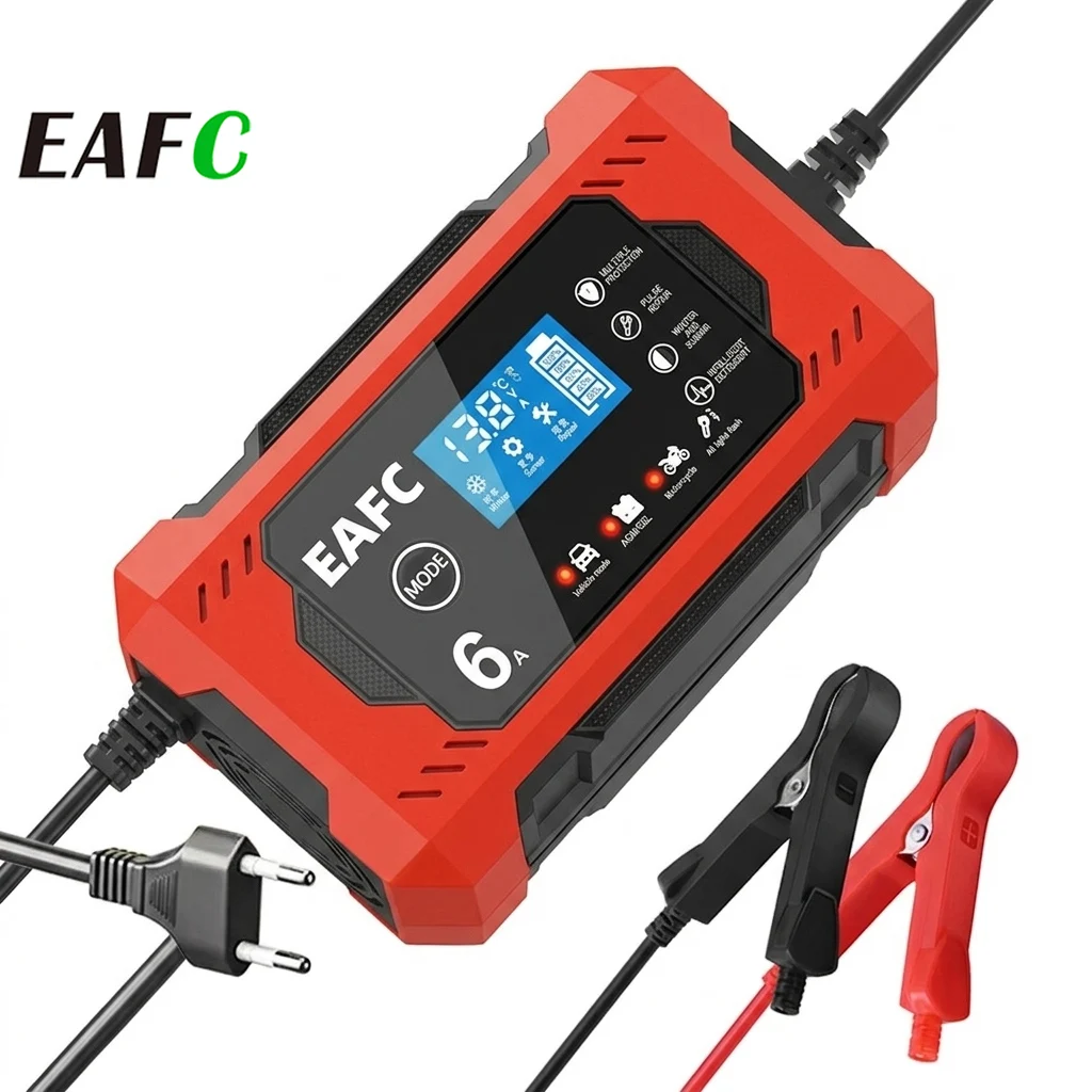 Cargador de Batería Inteligente EAFC 6A 12V con Pantalla LCD para Coche y Moto, Unidad de Carga para Baterías de Plomo-Ácido