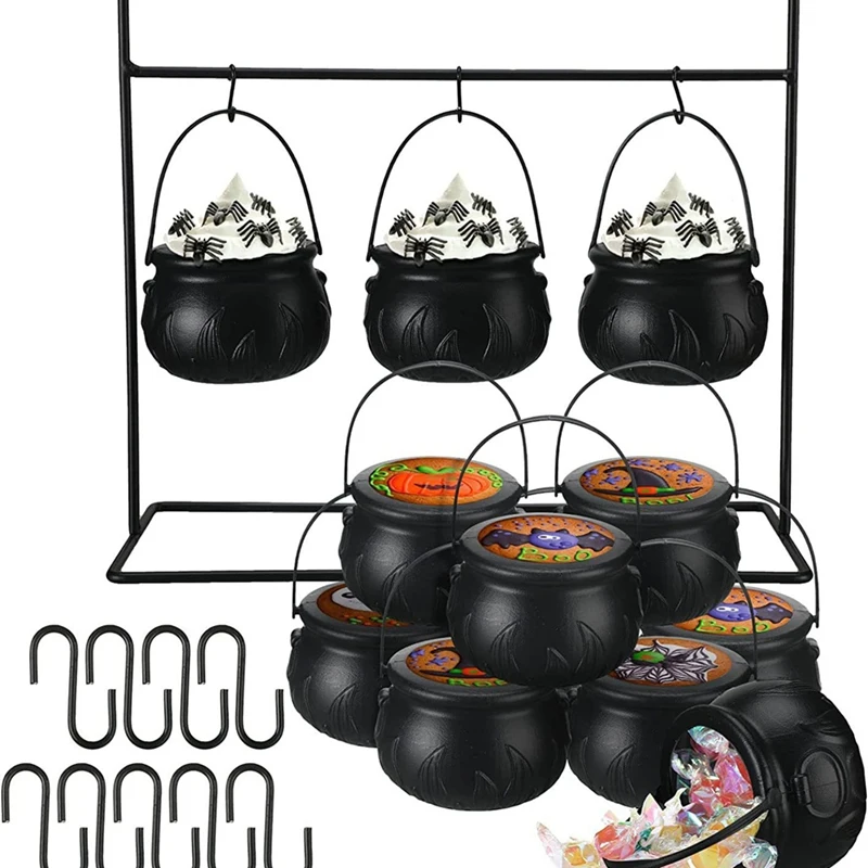 HOT SALE Black Witches Cauldron Candy Serving Bowls On Rack Plastic Candy Container Bucket Sets For Home Party Kitchen Decoratio