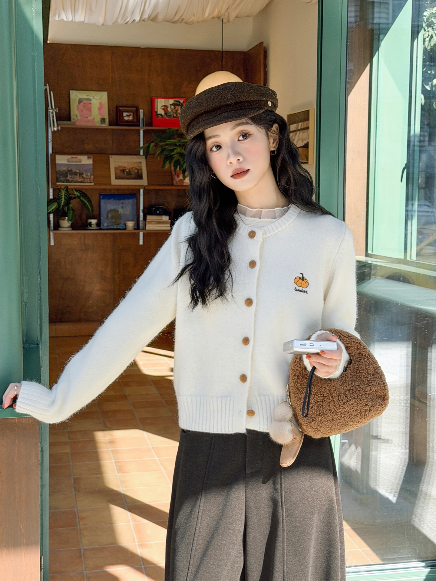 

Мягкий уютный вязаный кардиган с вышивкой в виде тыквы, круглый вырез, женский модный осенне-зимний теплый топ с длинными рукавами