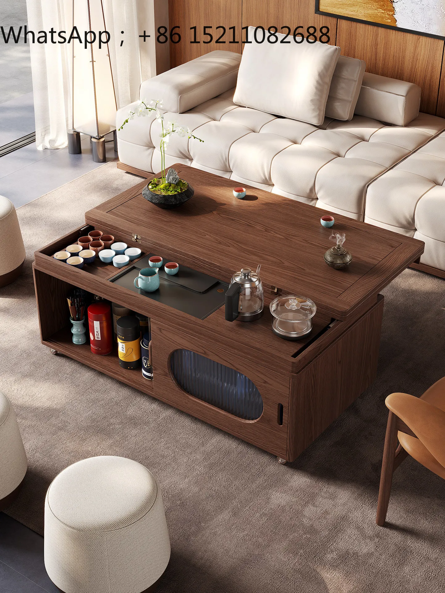 SCY movable solid wood folding coffee table living room household small apartment tea integrated dining table