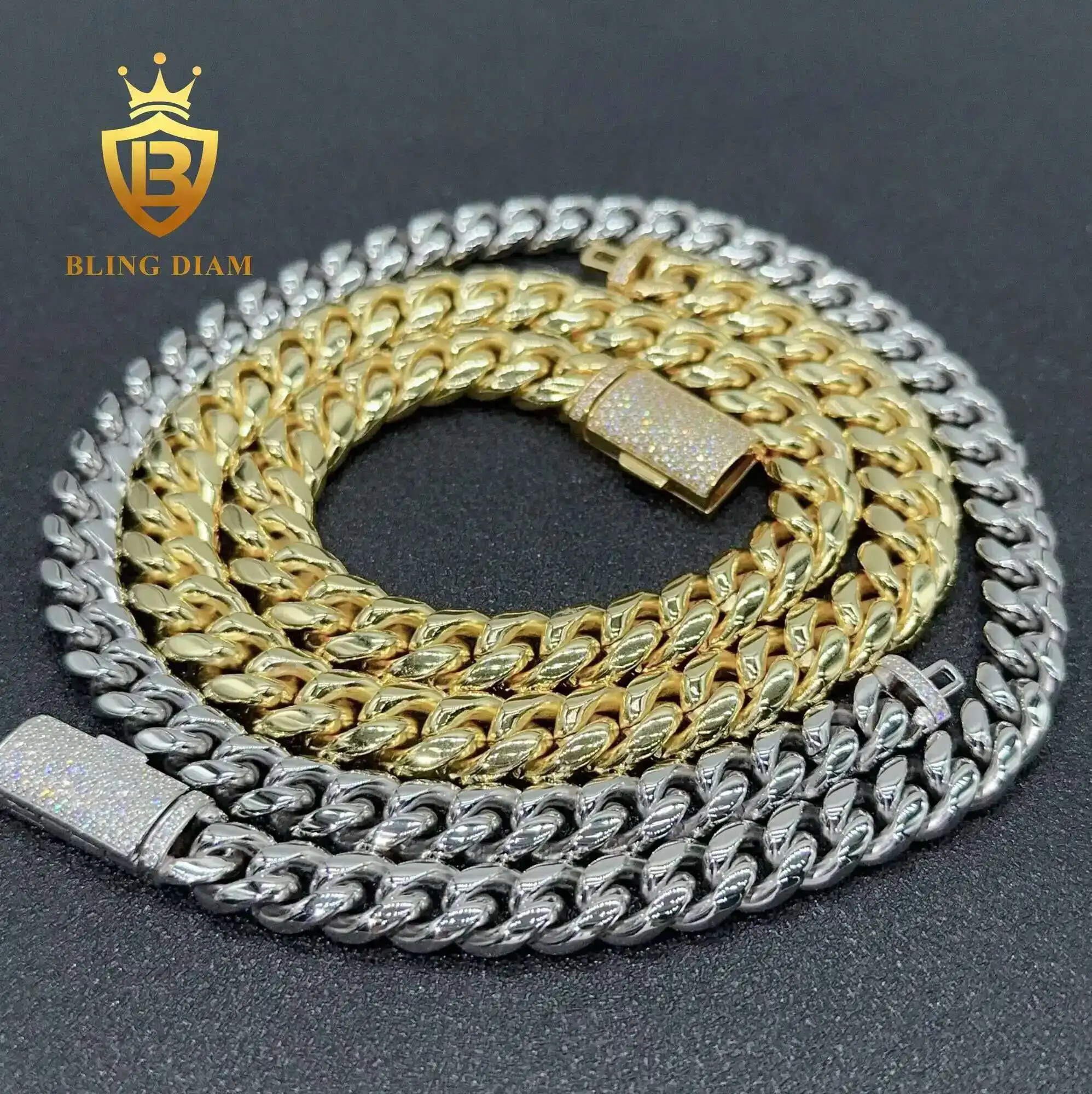 

Hip Hop Jewelry 10mm 12mm Stainless Cuban Chain with 925 Sterling Silver Moissanite Clasp Chain Necklace