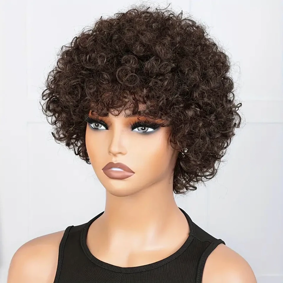 Remy Forte Wear And Go Glueless Wig Human Hair Short Afro Curly Bob Human Hair Wigs With Bangs For Women Brown Kinky Curly Wigs