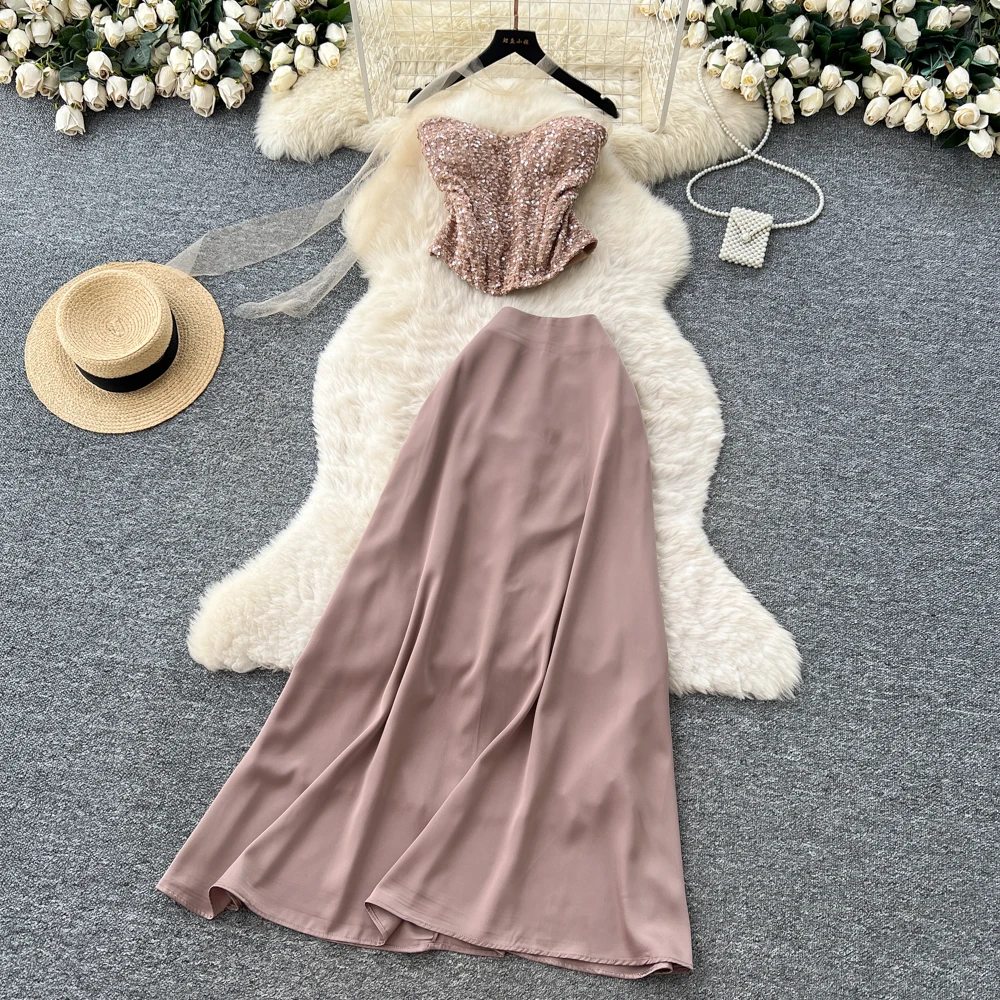 

Шикарный винтажный велюровый комплект с блестками, элегантный корейский модный комплект с высокой талией, комплект из двух предметов, женская одежда