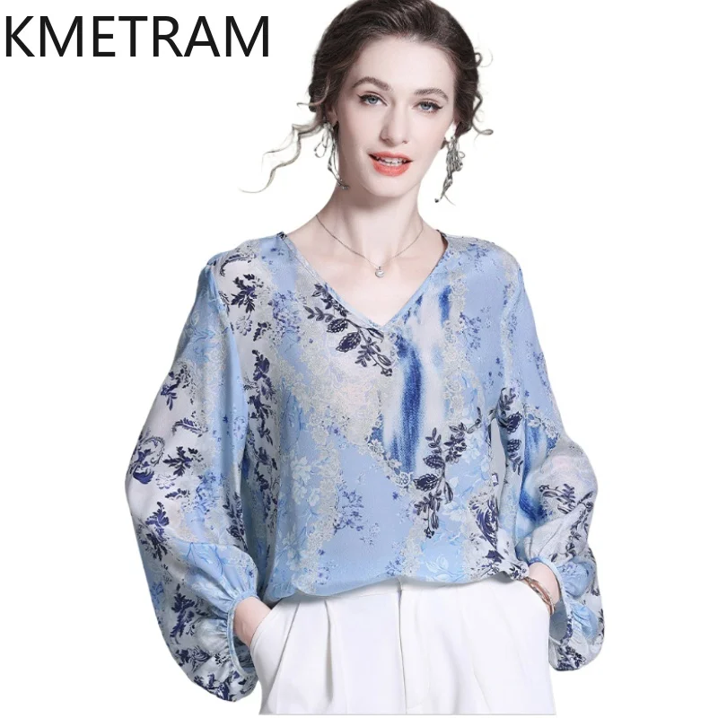 

KMETRAM 100% натуральные шелковые футболки из тутового шелкопряда для женщин, синяя футболка с принтом и V-образным вырезом, летняя блузка 2026, женская одежда, футболка
