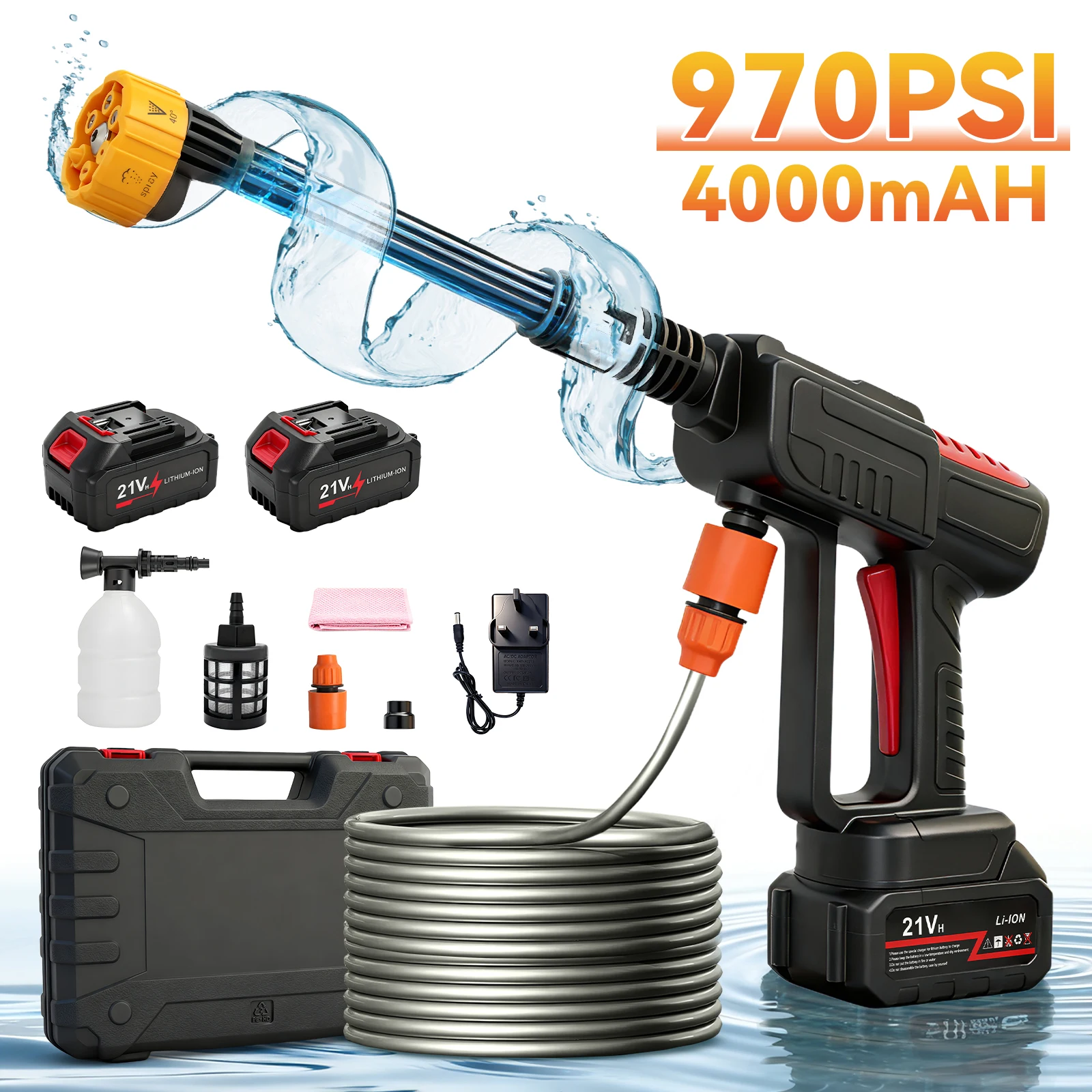 21V Cordless High Pressure Washer Gun 970PSI Portable Car Washer Brushless with 6-in-1 Nozzle Dual 4.0Ah Batteries for Car Garden Floor Watering Plants