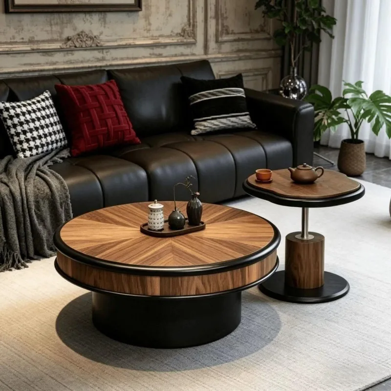 Medieval coffee table, walnut color, high and low combination coffee table, living room for home use