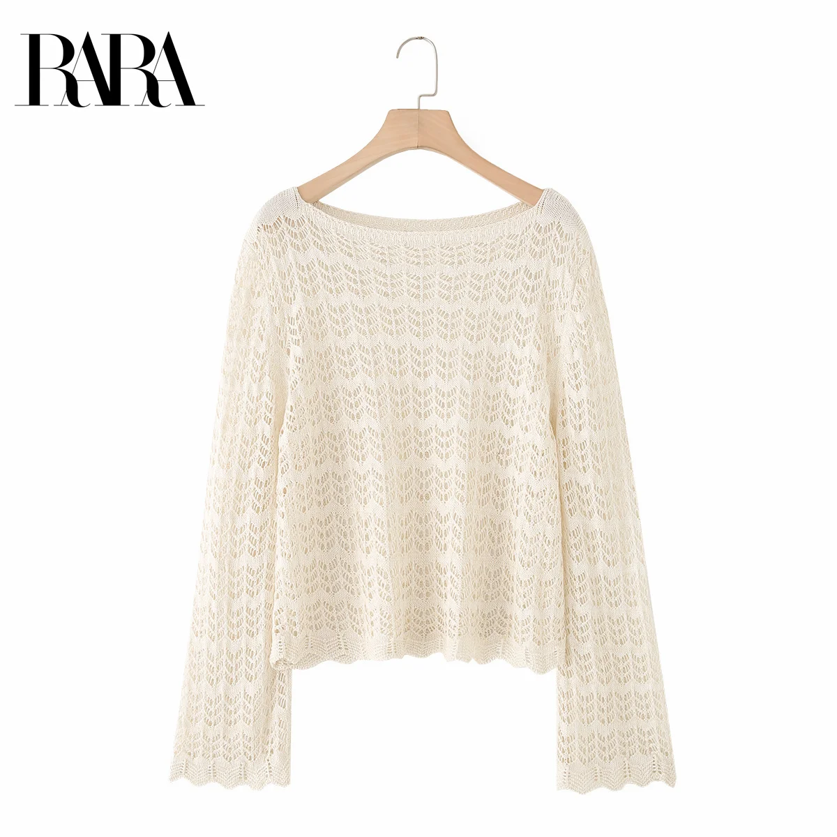 

RARA2025 Womens Summer Crochet Hollow Out Elegant French Mature Style Crew Neck Long Sleeve Short Thin Knitted Top