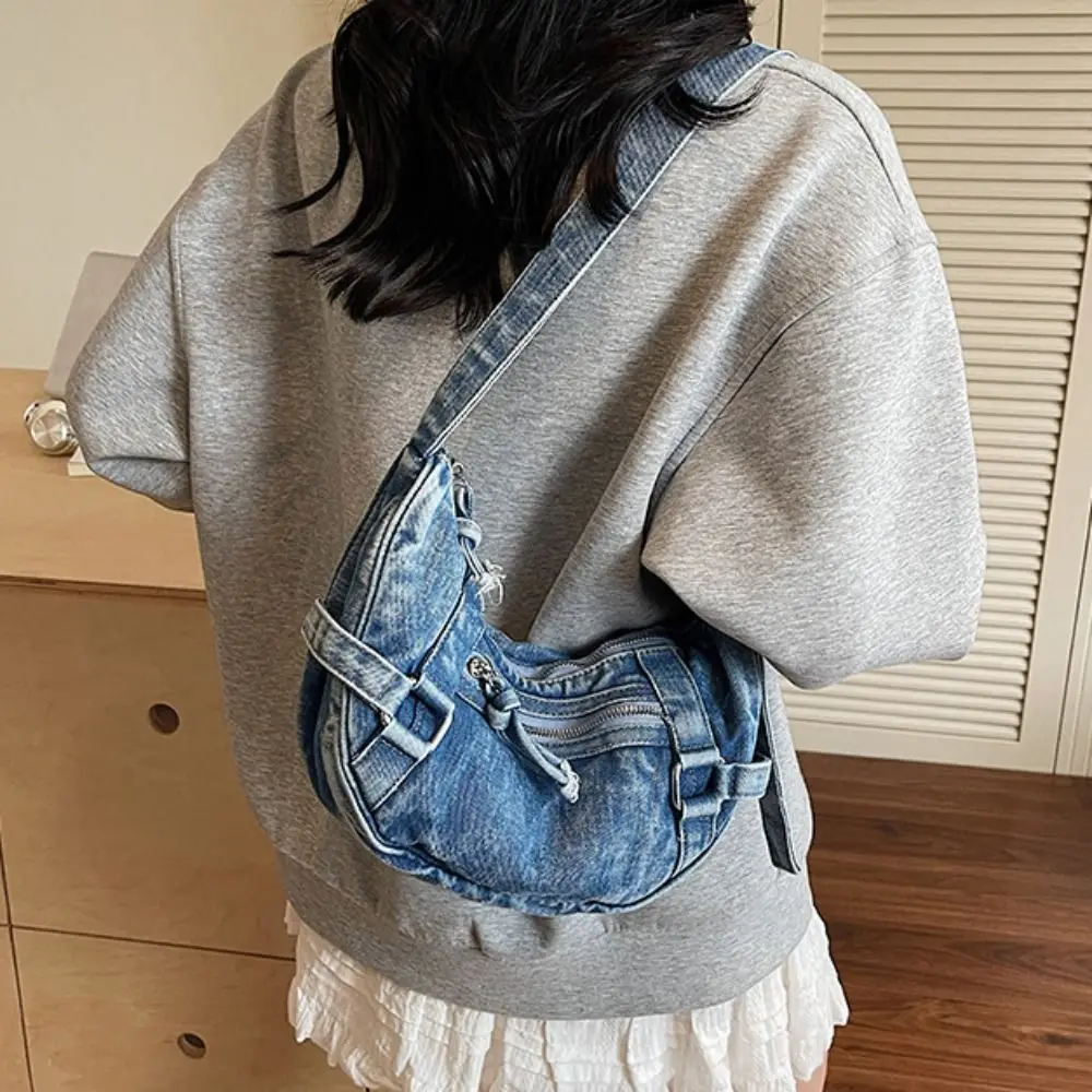 

Fashion American Style Canvas Dumpling Bag Adjustable Strap Retro Casual Tote Bag Zipper Harajuku Underarm Bag Lady