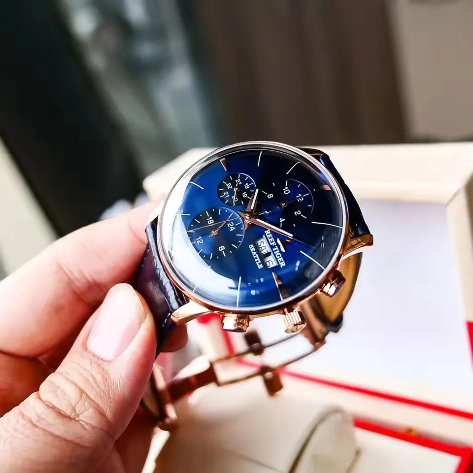 Reef Tiger RT Men's Fashion Mechanical Watch White Dial Luxury Automatic Wristwatch Multi Function Classic Style