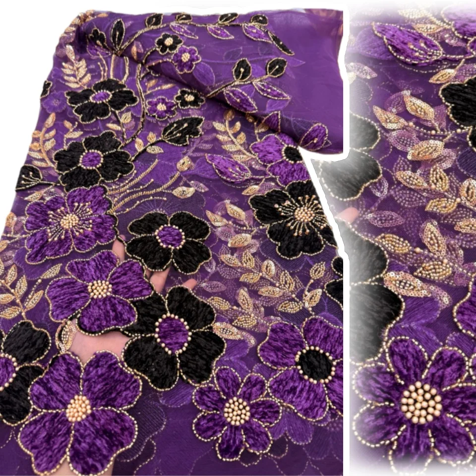 

Африканская кружевная ткань 2025 г., высокое качество, 5 ярдов, нигерийская элегантная 3D вышитая цветочная кружевная ткань с бисером для праздничного платья CC1743
